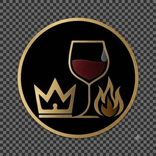 Gold circular emblem with black background featuring a wine glass, crown, and flame icons