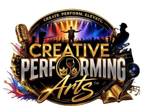 Creative Performing Arts logo with silhouetted performer on stage, surrounded by musical instruments and colorful stage lighting effects