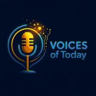 Voices of Today podcast logo featuring a gold and blue microphone with glowing elements on dark background