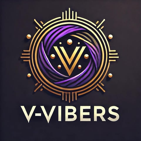 V-Vibers logo featuring a golden V symbol with purple swirls, copper beads, and ornate circular border on dark background