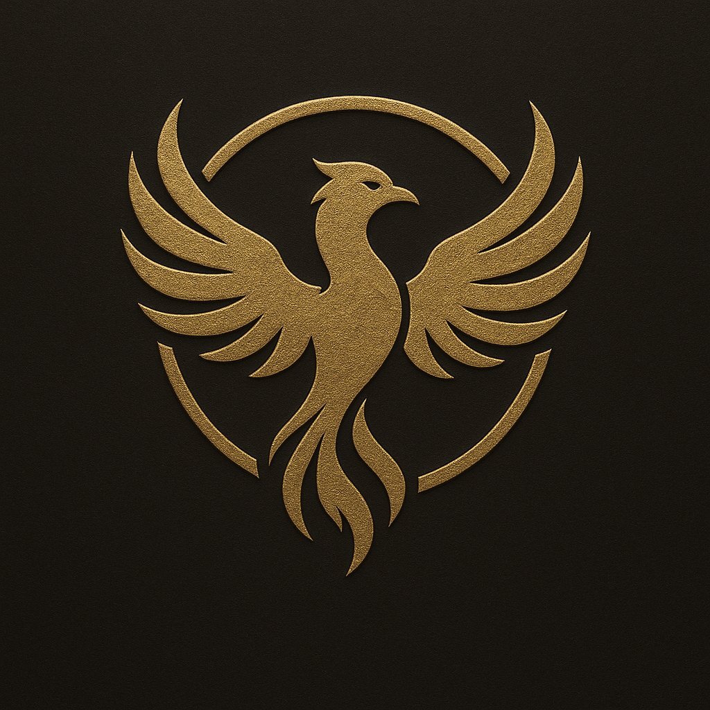 Gold phoenix logo with spread wings and curved tail feathers on dark background