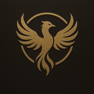 Gold phoenix logo with spread wings and curved tail feathers on dark background