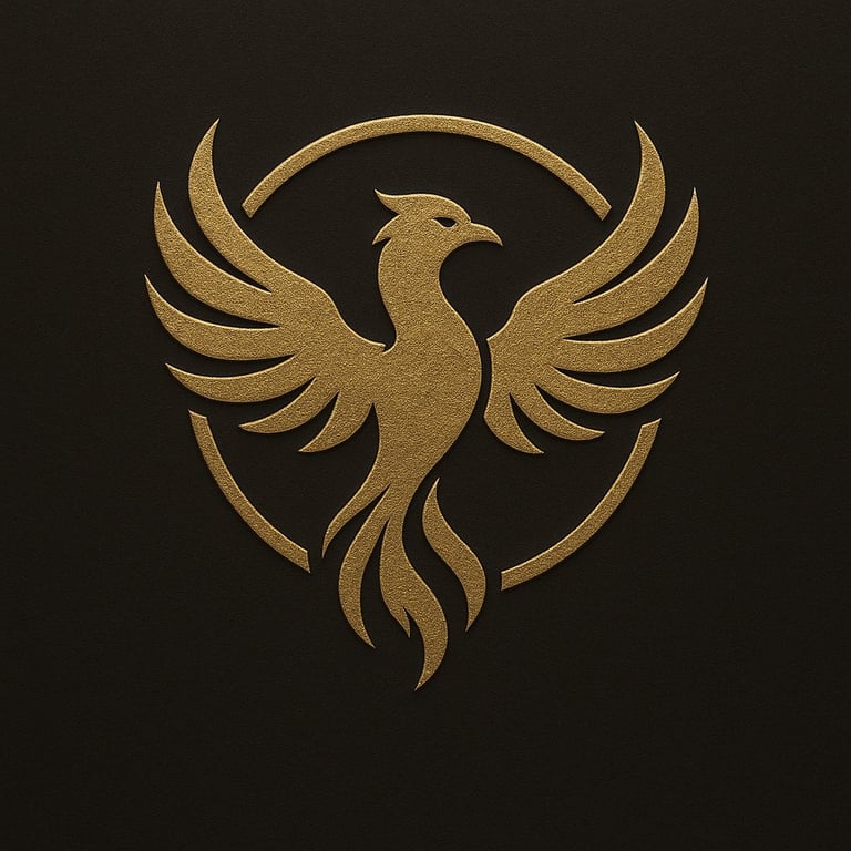 Gold phoenix logo with spread wings and curved tail feathers on dark background